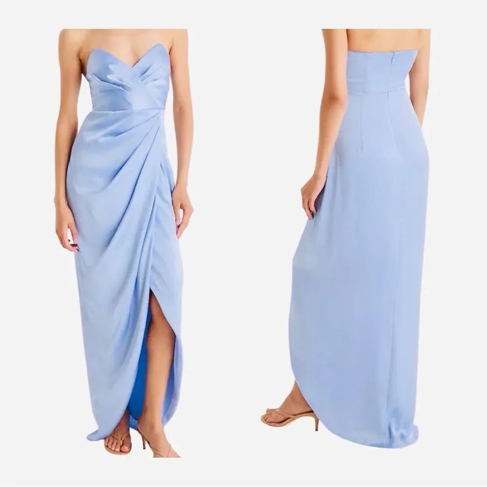 EXPRESS Satin Strapless Removable Puff Sleeves Midi Dress Alpine Blue Size 6